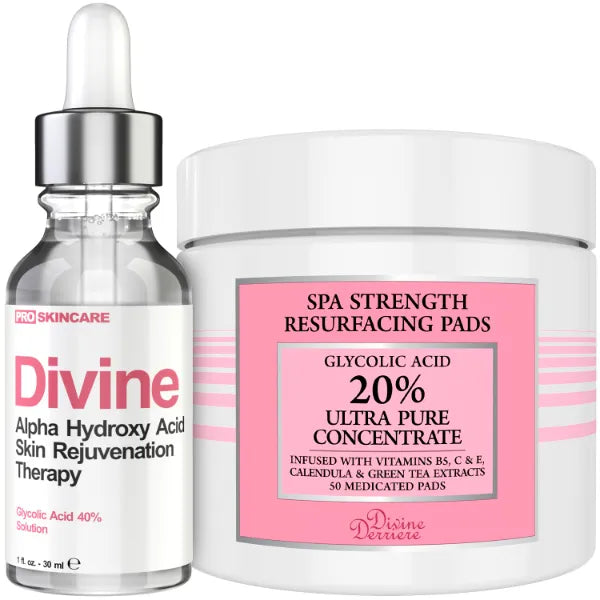 Divine Derriere 40% Glycolic Acid Peel & Resurfacing Pads Set - Save 30% on Anti-Aging Duo for Wrinkle Elimination, Acne Scars & Glowing Skin