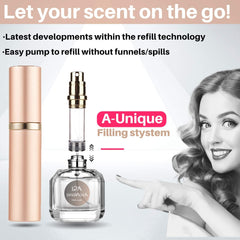 AsaNana Perfume Atomiser, Refillable & Travel Size Perfume Bottle, Leaking Proof,Bottom Pump without Funnel, Luxurious Small women and men, 5ml (Cla.-RoseGold)