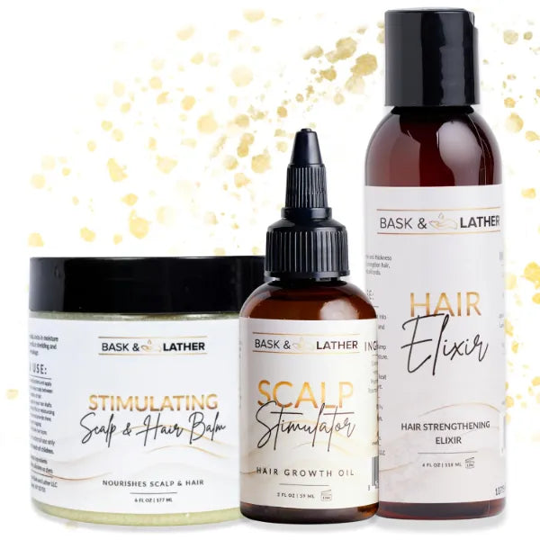 BASK & LATHER Hair Elixir + Scalp Stimulator Oil + Scalp Stimulator Balm | Strengthen, Moisturize & Soothe Scalp | Natural Hair Growth Trio for Thicker, Healthier Hair & Breakage Prevention