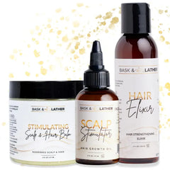 BASK & LATHER Hair Elixir + Scalp Stimulator Oil + Scalp Stimulator Balm | Strengthen, Moisturize & Soothe Scalp | Natural Hair Growth Trio for Thicker, Healthier Hair & Breakage Prevention