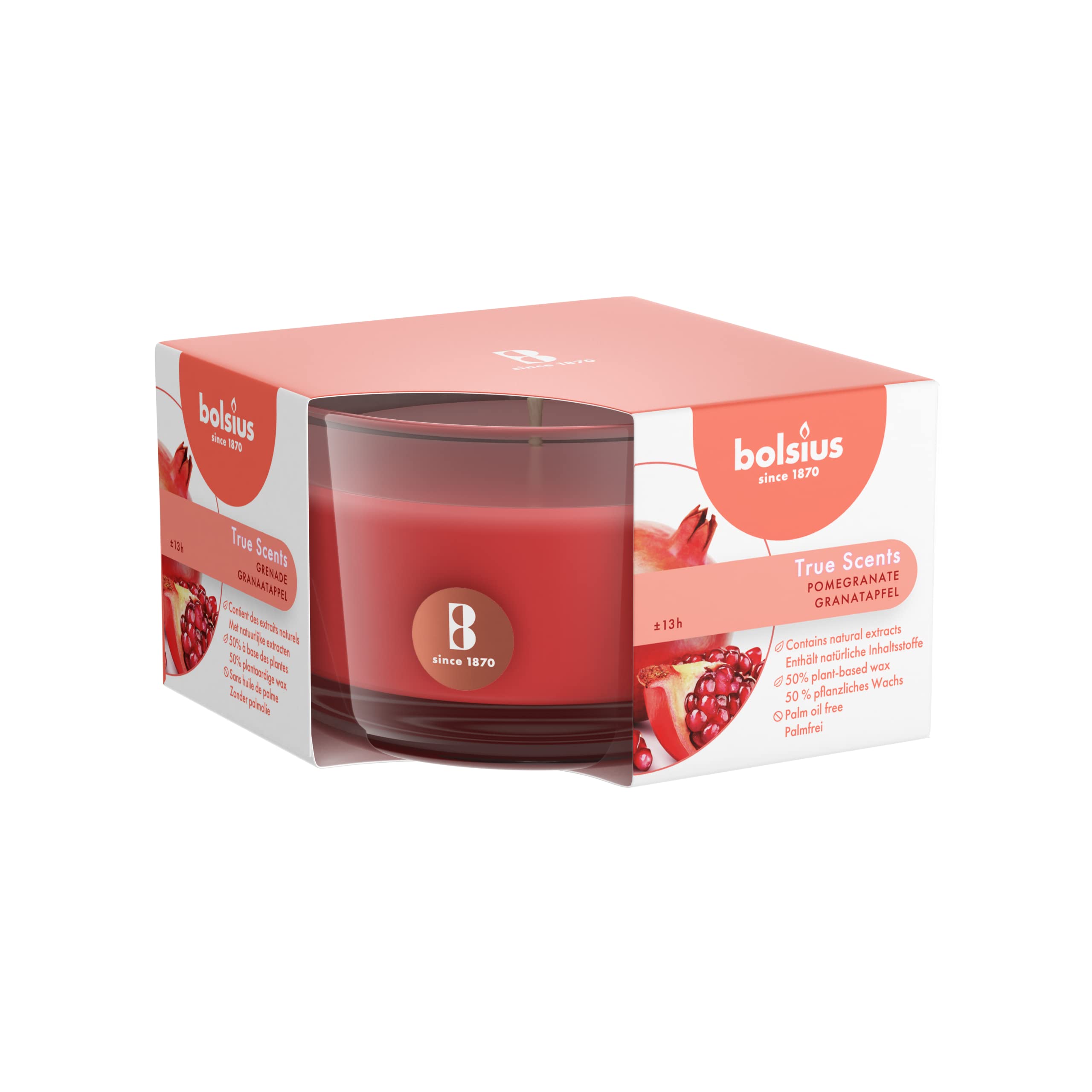 Bolsius Small Glass Scented Candle Pomegranate, Wax, Red