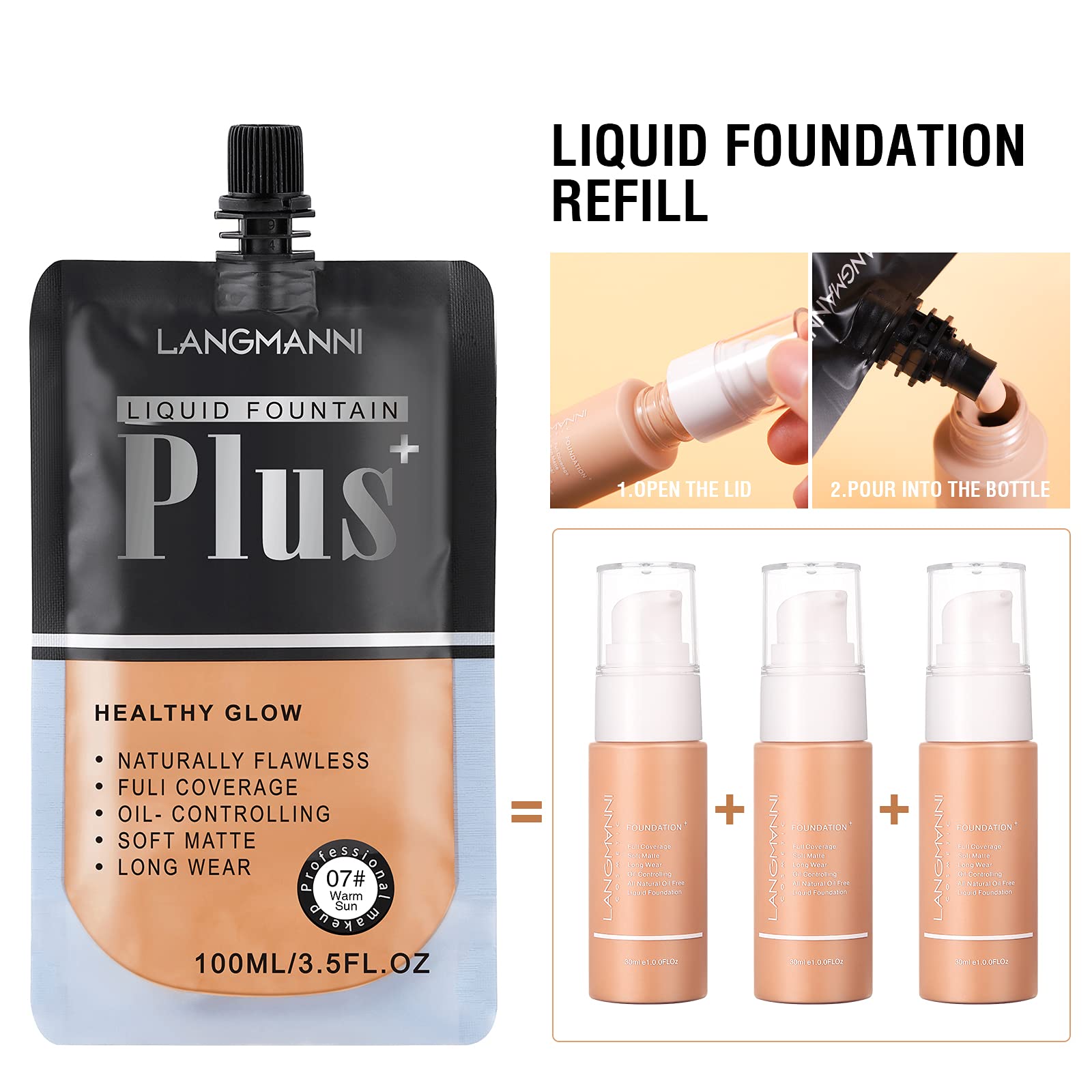 100ml Foundation Liquid Full Coverage 24HR Matte Oil Control Concealer with Makeup Face Primer&Petal-Shaped Cosmetics Brush&Makeup Sponge Blender Set (#6 Natural Beige) Liquid Foundation Set