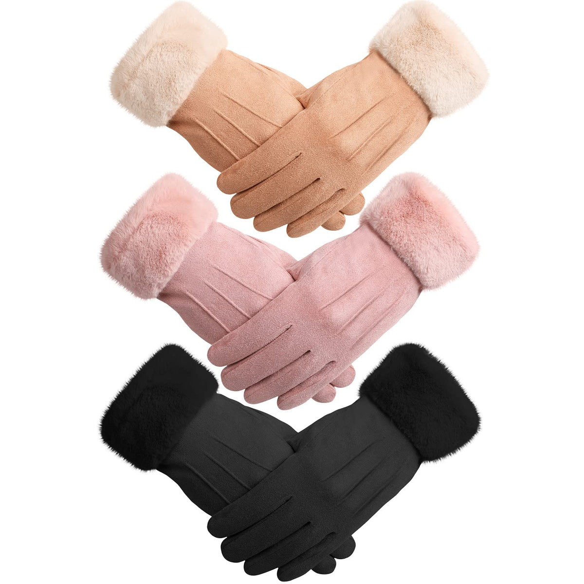 3 Pairs Winter Warm Touchscreen Gloves Women's Fleece Lining Texting Gloves Fuzzy Cuff Thermal Soft Winter Gloves for Skiing - Black, Khaki, Pink