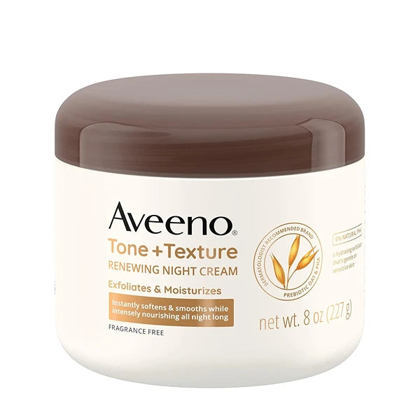 Aveeno Tone + Texture Renewing Body Night Cream With Prebiotic Oat, Gently Exfoliates & Moisturizes Sensitive Skin, Instantly Softens & Smooths & Intensely Nourishes, Fragrance-Free, 8 oz
