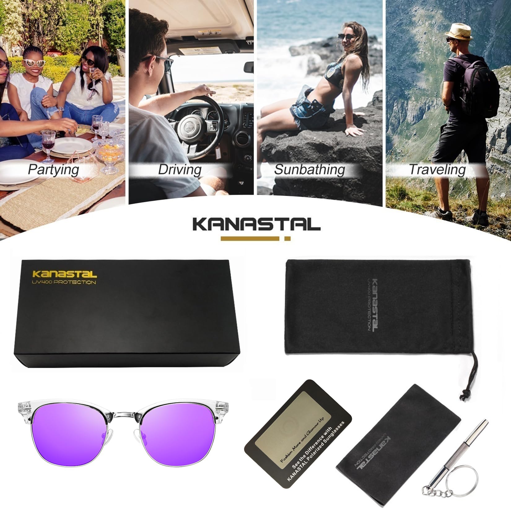 KANASTAL Polarized Horn Rimmed Sunglasses for Men and Women, Classic Half Frame Sun Glasses, Semi Rimless Shades for Womens 100% UV400 Protection Driving