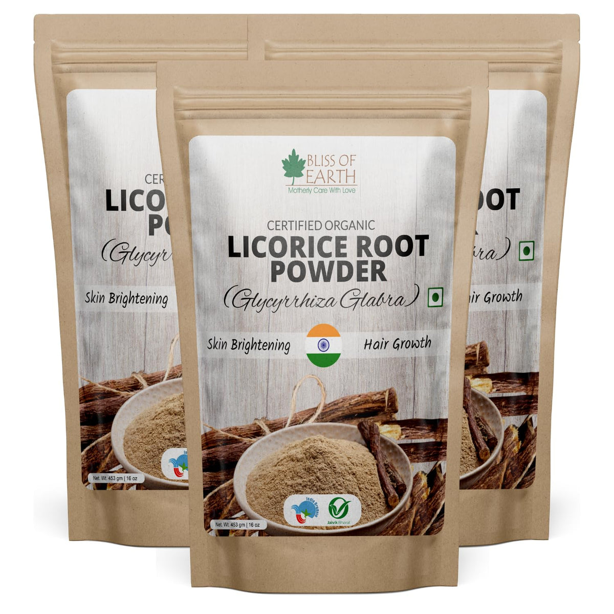 Bliss of Earth 3x453 GM Organic Licorice Root Powder For Eating, Mulethi Powder Organic For Skin Whitening, Hair & face Pack Of 3