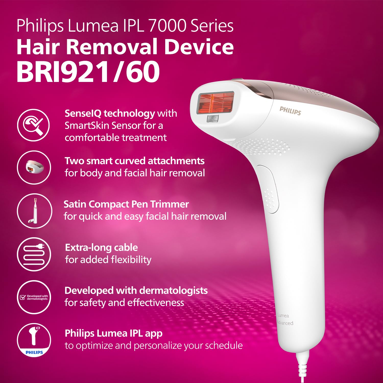 Philips Lumea IPL | Hair Removal | 7000 Series | Skintone Sensor | 2 Attachments | Body, Face | Compact Pen Trimmer | Corded Use | BRI921/60