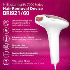 Philips Lumea IPL | Hair Removal | 7000 Series | Skintone Sensor | 2 Attachments | Body, Face | Compact Pen Trimmer | Corded Use | BRI921/60