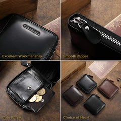 MANBANG Mens Genuine Leather Zipper Wallet RFID Secure Large Capacity Double Fold Multi-card Leather Wallets for Men and coin purse(Oil wax black)
