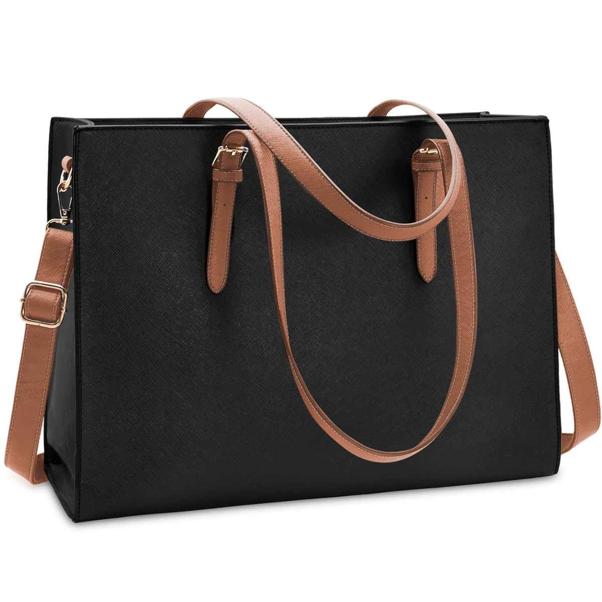 Laptop Bag for Women Waterproof Lightweight Leather 15.6 Inch Computer Tote Bag - Black & Brown