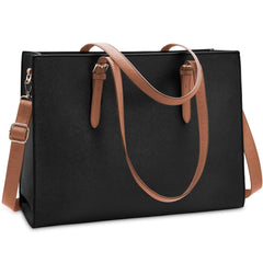 Laptop Bag for Women Waterproof Lightweight Leather 15.6 Inch Computer Tote Bag - Black & Brown