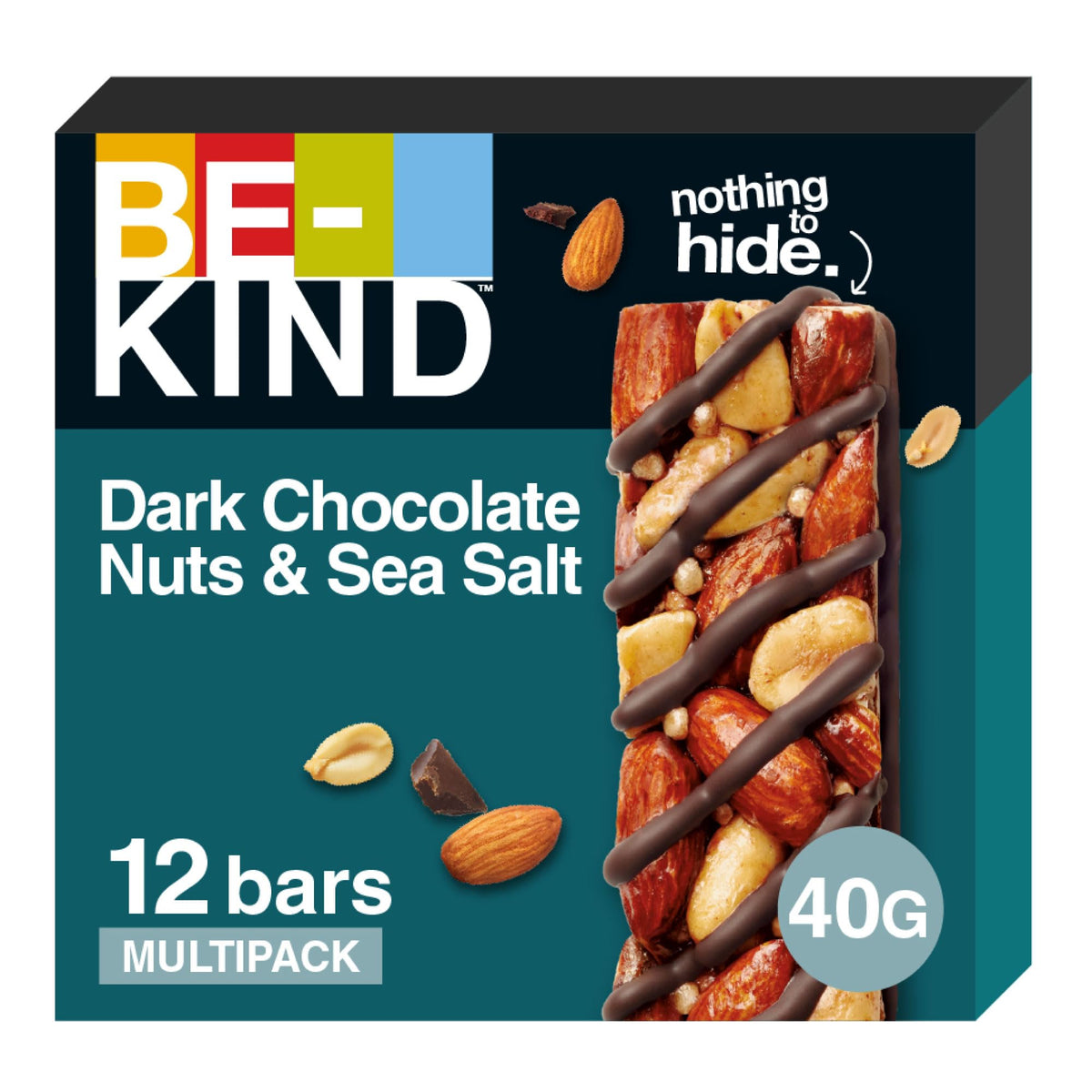 BE-KIND Dark Chocolate Nuts & Sea Salt Snack Bar, Gluten Free Snacks, High Fibre, Source of Protein, No Artificial Preservatives, No Artificial Colors, No Artificial Flavours - 40g, Pack of 12