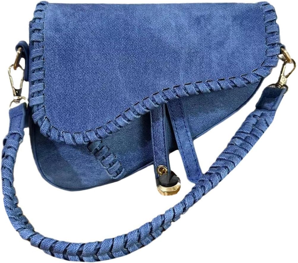 PURFANREE Women Trendy Saddle Shoulder Bag Clutch Purse Underarm Handbag Satchel HandBag Crossbody Bag - Denim