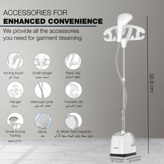 Nikai 1800W Garment Steamer with Ironing Board, Thermostat Protection, Adjustable Telescopic Pole, Suit Hanger, 2L Water Tank Capacity, 45 Sec Preheat, 2 Systems Levels, 50 Min Steam - NGS266A