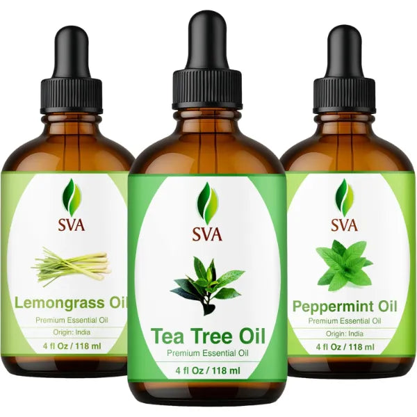 SVA ORGANICS Tea Tree Oil, Lemongrass and Peppermint Oil 4 oz Bundle Super Saver Combo – Premium Grade Bundle Set for Hair Oiling, Scalp Massage, Hair Care, Face, Skin Care and Body Massage