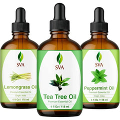 SVA ORGANICS Tea Tree Oil, Lemongrass and Peppermint Oil 4 oz Bundle Super Saver Combo – Premium Grade Bundle Set for Hair Oiling, Scalp Massage, Hair Care, Face, Skin Care and Body Massage