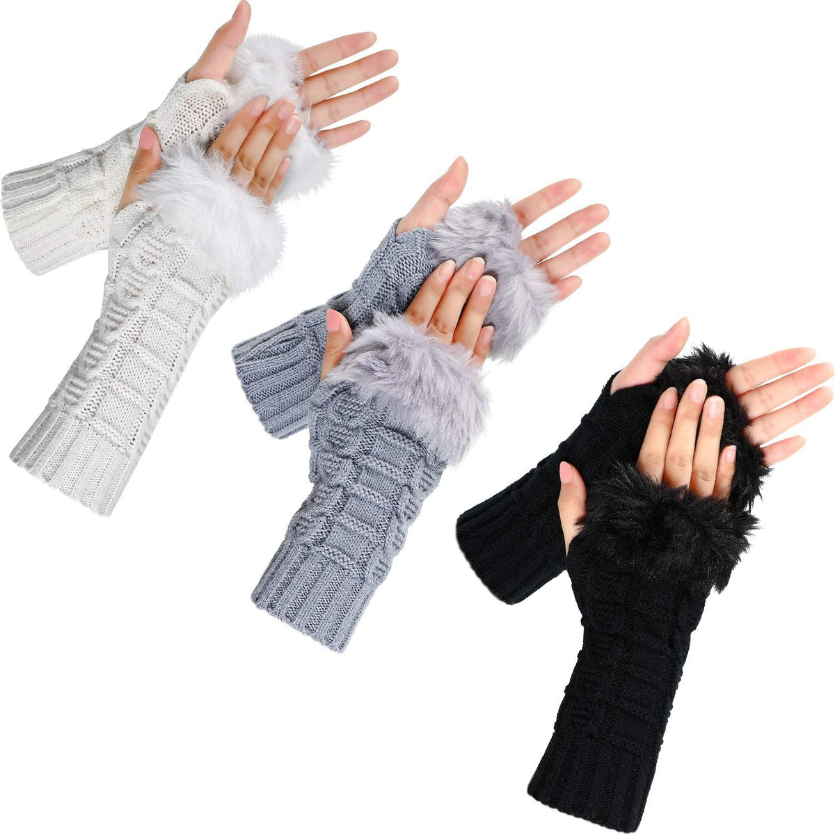 NALACAL 3 Pairs Mid-Length Fingerless Gloves with Faux Fur & Crochet - Warm Winter Arm Warmers with Thumb Holes