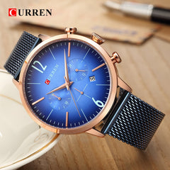 Curren Quartz Analog Watch Stainless Steel Band Wristwatch with Date Display, 8313 - Blue, Rose Gold