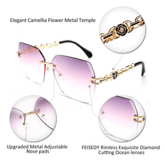 Rimless Sunglasses for Women Metal Square Frame Classic Diamond Grandient lens Eyewear UV Protection Fashion Shades for Women B2567