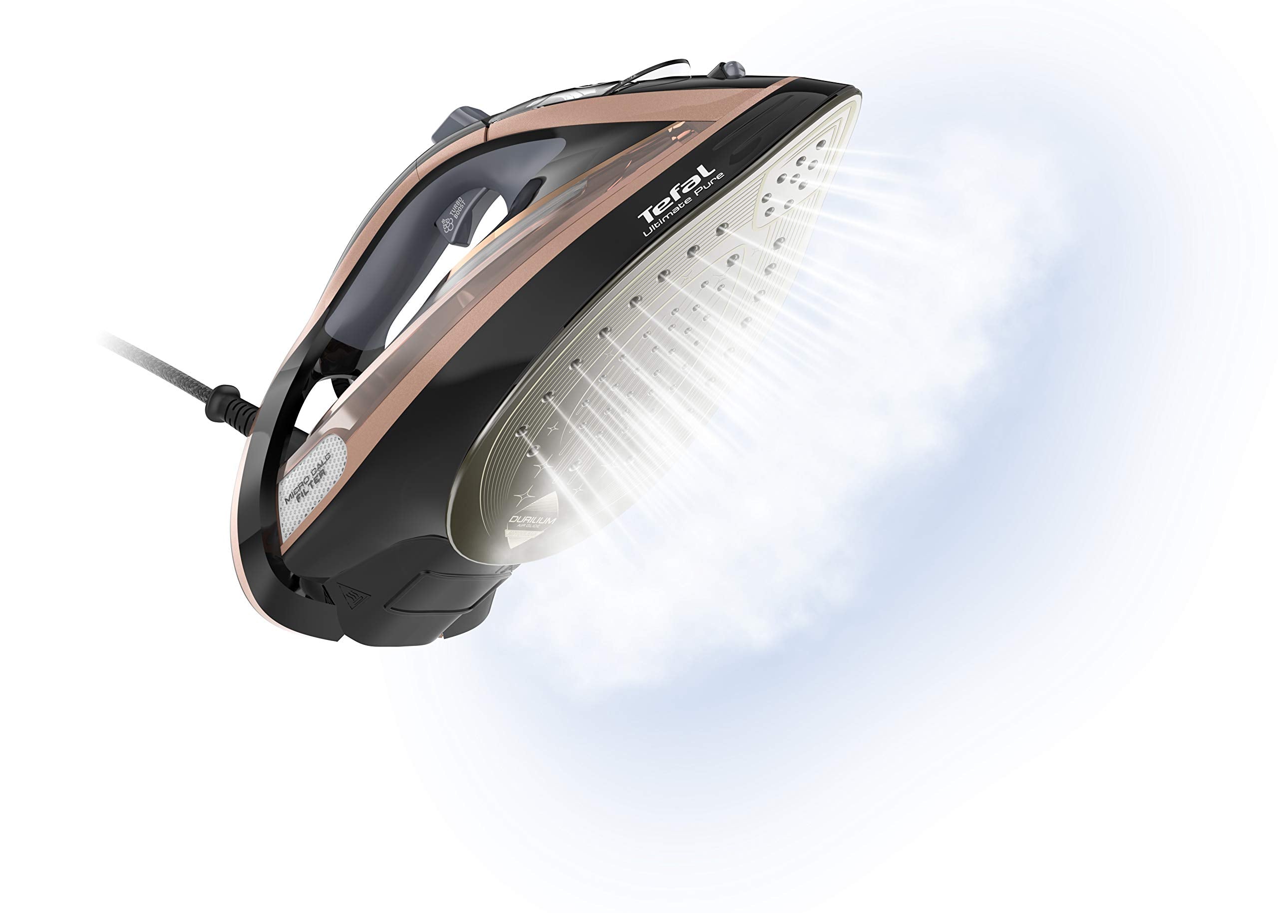 Tefal Ultimate Pure Steam Iron, 260g/min Steam Boost, 350ml Water Tank, 3m Power Cord, 3100W, Black and Rose Gold, FV9845