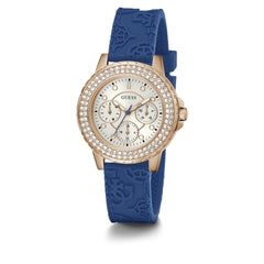 GUESS Ladies Sport Crystal Multifunction 36mm Watch – White Dial Rose Gold-Tone Stainless Steel Case with Blue Silicone Strap