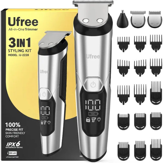 Ufree 3-in-1 Beard Trimmer Kit, Men's Electric Razor Shaver for Mustache, Professional Hair Trimmer, Type-C Rechargeable Clippers, Waterproof Body Grooming
