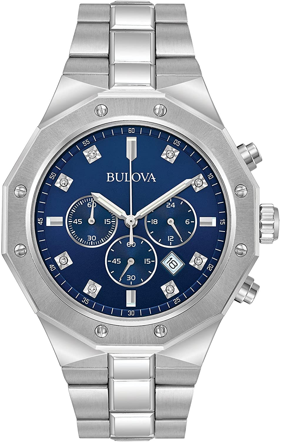 Bulova Men's Classic Diamond 6-Hand Chronograph Quartz Watch, Calendar Date, Luminous Markers, 100M Water Resistant, 44mm - Stainlesss/Blue Dial
