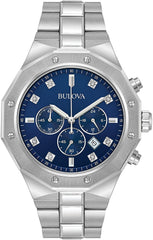 Bulova Men's Classic Diamond 6-Hand Chronograph Quartz Watch, Calendar Date, Luminous Markers, 100M Water Resistant, 44mm - Stainlesss/Blue Dial