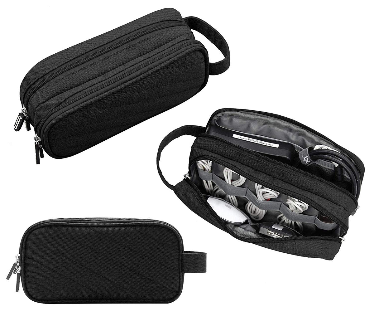 Liumrlte Electronics Travel Cord Organizer Bag, Cable Pouch Gadget Case Double Layer Zipper Large Capacity Pocket Protection for Laptop Power Mouse Line, USB Data Cable, Charger Storage Bag (Black)