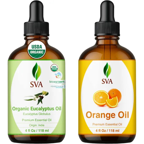 SVA ORGANICS Eucalyptus and Orange Essential Oil 4 oz Bundle – Premium Grade Value Set for Hair Oiling, Scalp Massage, Hair Care, Skin Care and Body Massage