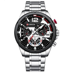 CURREN 8395 Men's Wrist Watch Chronograph Waterproof Sports Brand Luxury Military Style - SILVER