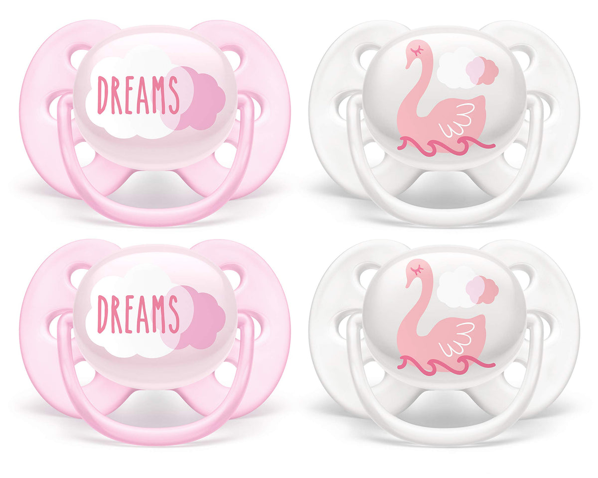 AVENT Philips Ultra Soft Pacifier, 0-6 Months, Dreams and Swan Designs, Pack of 4, SCF222/42
