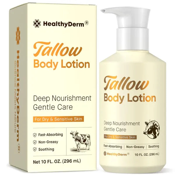 HealthyDerm Beef Tallow Body Lotion for Skin: Grass-Fed Daily Moisturizing Cream for Dry, Mature & Crepey Skin, Fast-Absorbing, Non-Greasy, Fragrance-Free Moisturizer with Aloe & Shea Butter, 10 fl oz