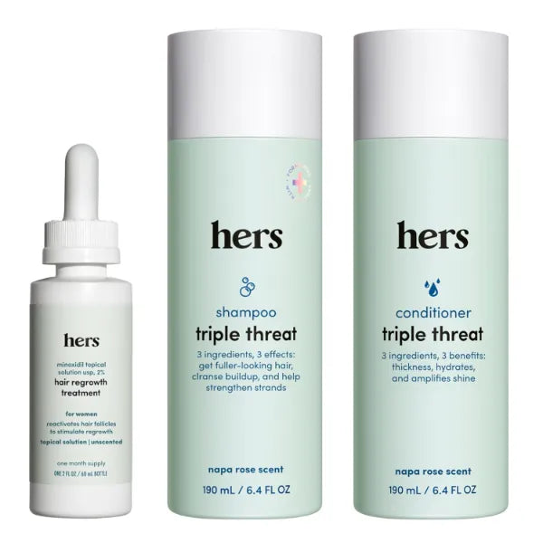hers Triple Threat Shampoo, Conditioner and Minoxidil Set, Hair Loss Treatment for Women - Includes 2% Serum Minoxidil Treatment, Color Safe Hair Thickening Shampoo and Conditioner - (Pack of 3)