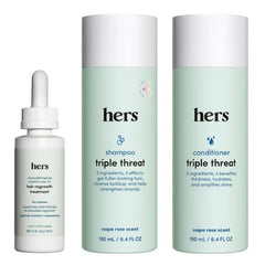 hers Triple Threat Shampoo, Conditioner and Minoxidil Set, Hair Loss Treatment for Women - Includes 2% Serum Minoxidil Treatment, Color Safe Hair Thickening Shampoo and Conditioner - (Pack of 3)