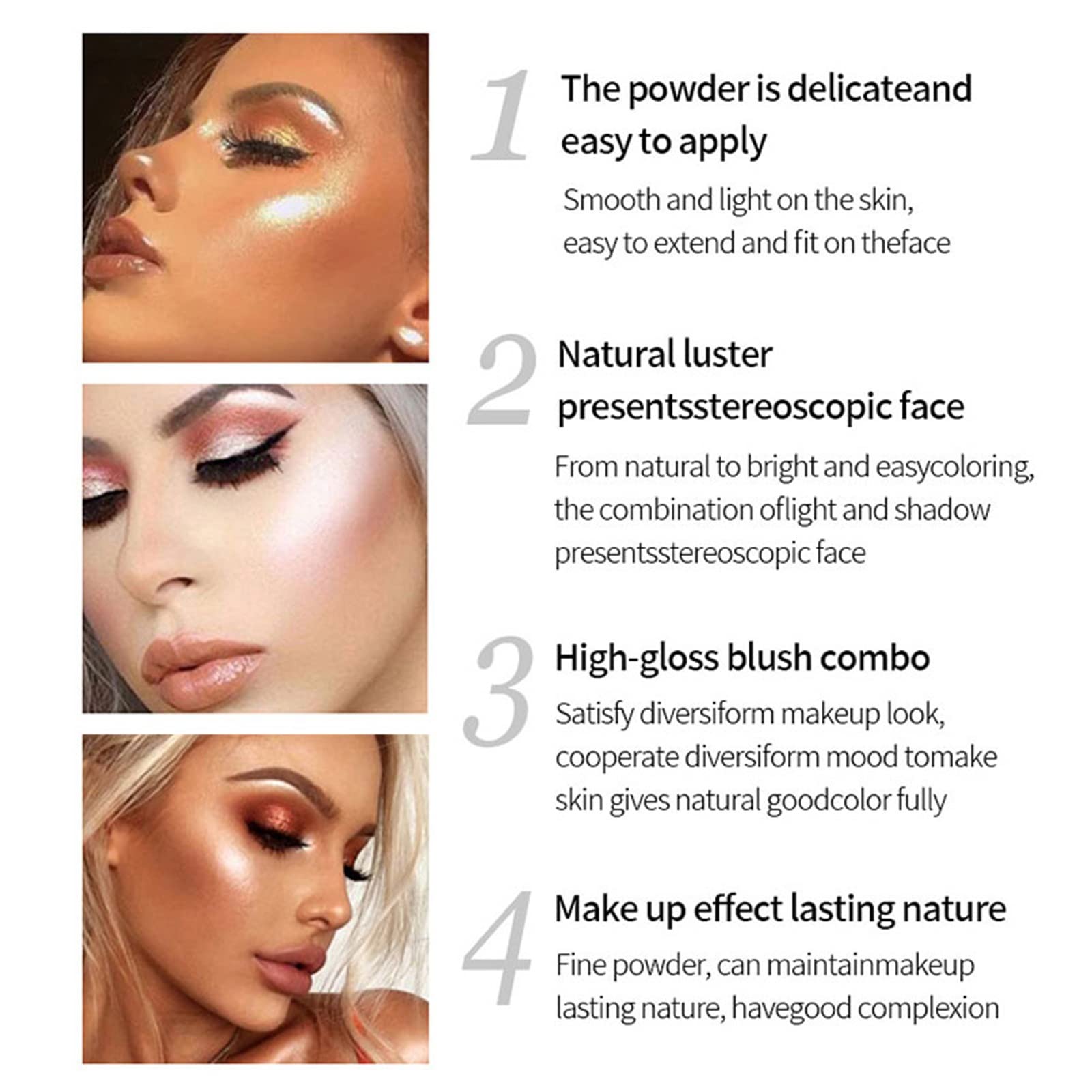 Highlighter Makeup Waterproof Long Lasting Shimmer Face Highlighters Facial Bronzers Illuminator Highlighting Powder for All Skin Tones