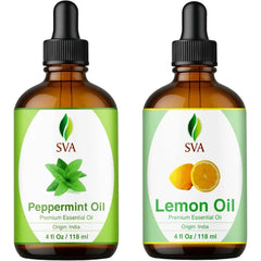 SVA ORGANICS Peppermint and Lemon Essential Oil 4 oz Combo – Premium Grade Value Set for Hair Oiling, Scalp Massage, Hair Care, Skin Care and Body Massage