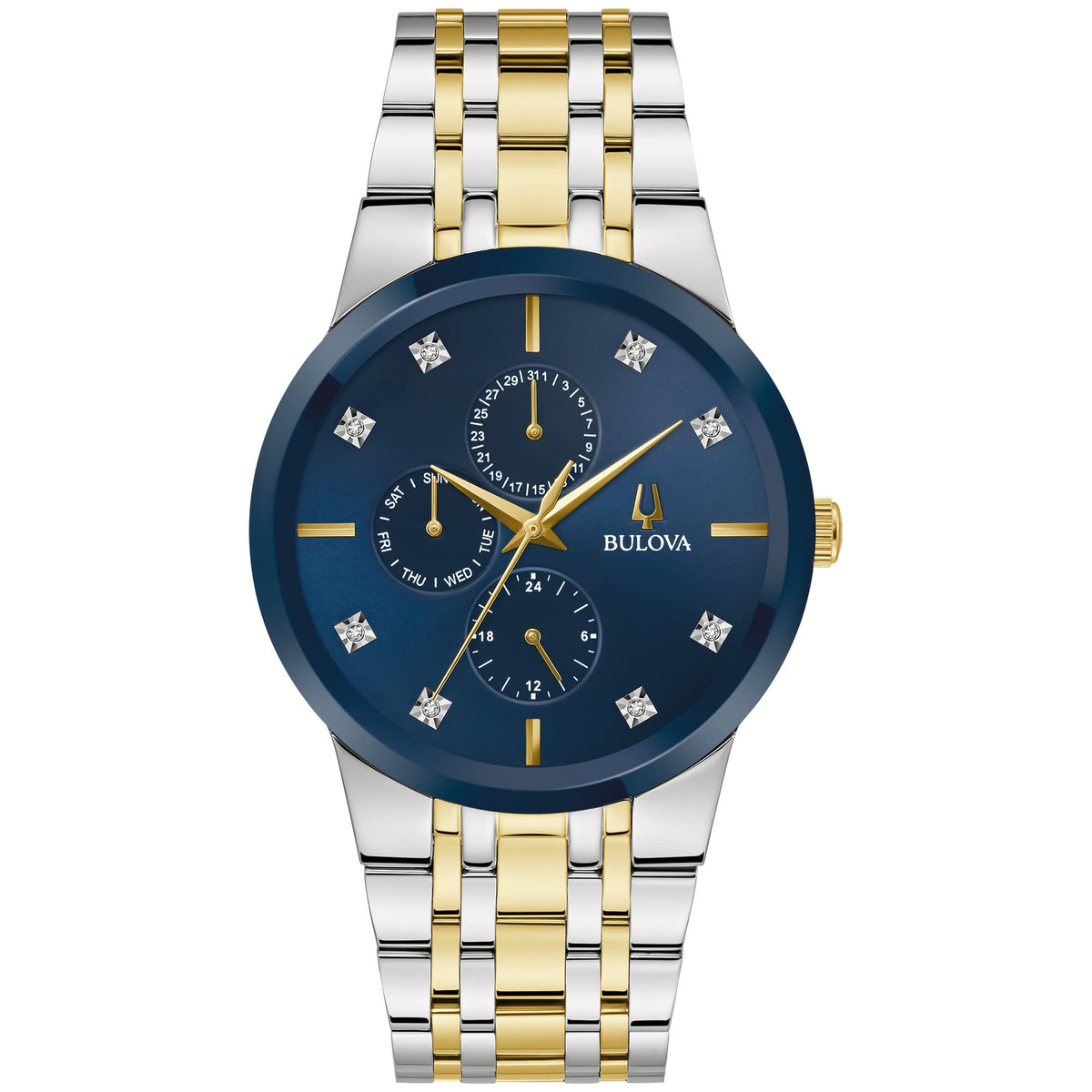 Bulova Men's Multi-Function 3-Hand Quartz Watch with Diamond Dial, Edge to Edge Crystal - Two Tone Gold/Blue Dial