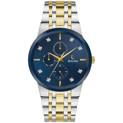 Bulova Men's Multi-Function 3-Hand Quartz Watch with Diamond Dial, Edge to Edge Crystal - Two Tone Gold/Blue Dial