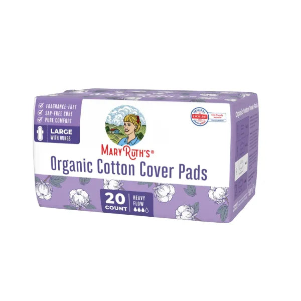 MARYRUTH'S Organic Cotton Cover Pads with Wings - Large - Unscented - Elemental Chlorine Free - OCS Certified Cotton - SAP-Free Core - Rated Excellent for Skin Comfort by Dermatest - 20 Count
