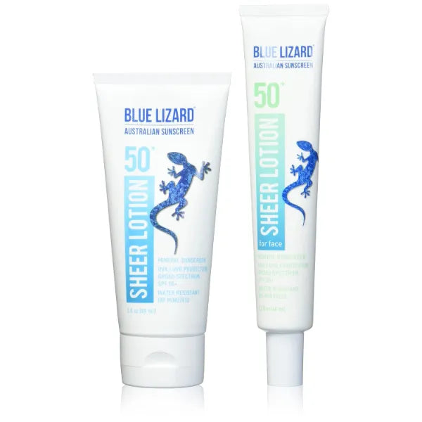 BLUE LIZARD Sheer Mineral Sunscreen Bundle – SPF 50 Face (1.7 oz) & Body (3 oz) Lightweight Zinc Oxide Formula