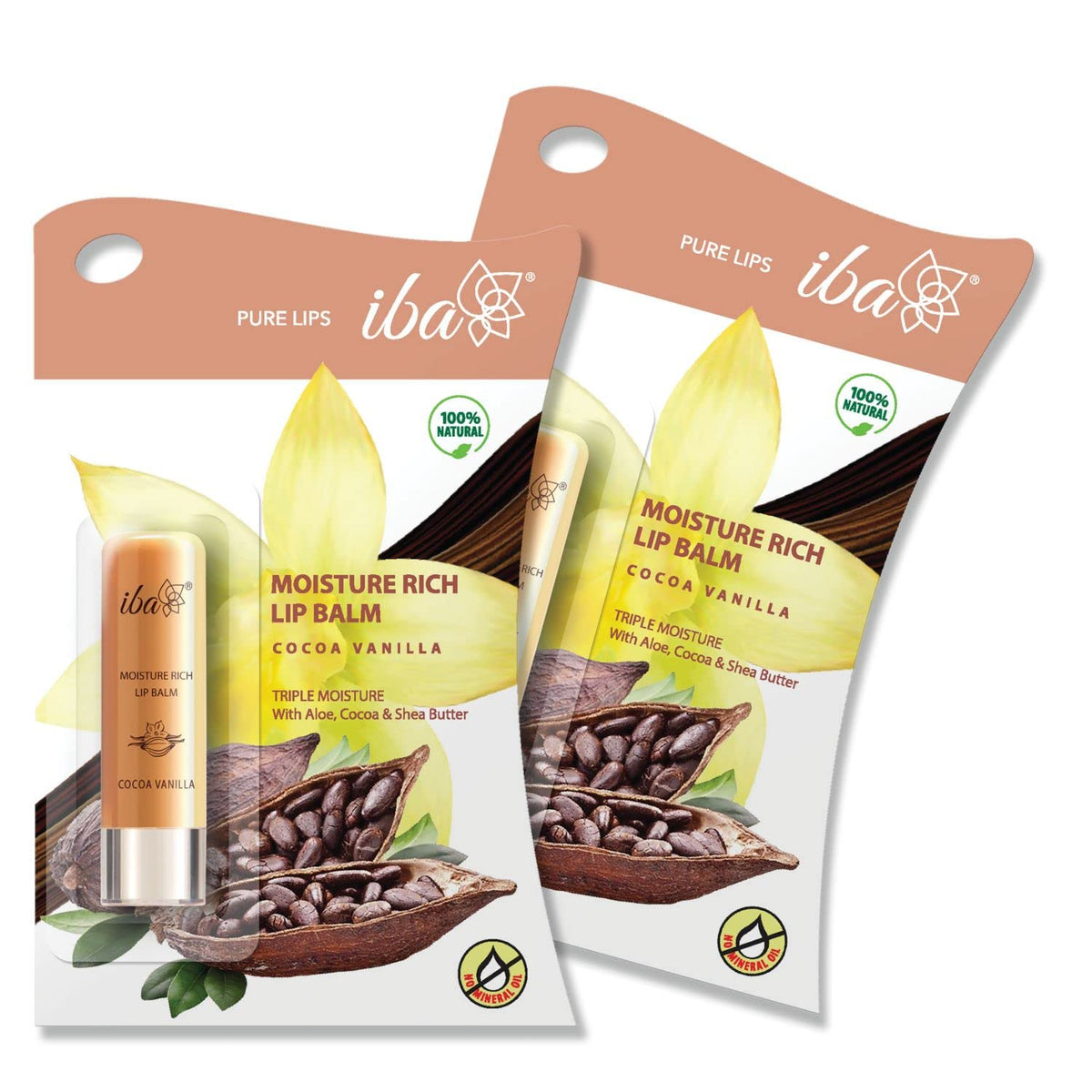 Iba Moisture Rich Lip Balm - Cocoa Vanilla White Glossy, 5 Gm (Pack of 2) l For Dry Damaged and Chapped Lips | Enriched with Cocoa Butter, Shea Butter l 100% Natural & Vegan
