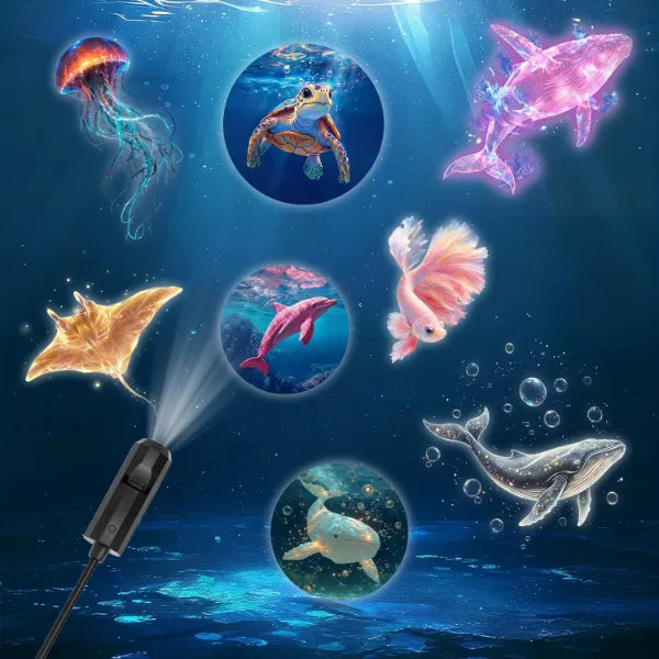 DZMaoDHeng Ocean projection light with 8 interchangeable marine life light panels (whale, jellyfish, sea turtle), USB powered, 360° rotating, creating an immersive underwater world a creative decorative gift.