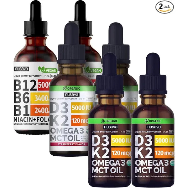 NUSAVA Unflavored D3 K2, Strawberry Flavored D3 K2, & Vitamin B12 Liquid Drops Bundle Potent Liquid Vitamins for Heart, Joint, Energy, & Immune Support Non GMO, Gluten Free, 2pk Each