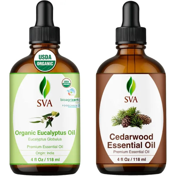 SVA ORGANICS Eucalyptus and Cedarwood Essential Oil 4 oz Bundle – Premium Grade Value Set for Hair Oiling, Scalp Massage, Hair Care, Skin Care and Body Massage
