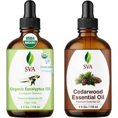 SVA ORGANICS Eucalyptus and Cedarwood Essential Oil 4 oz Bundle – Premium Grade Value Set for Hair Oiling, Scalp Massage, Hair Care, Skin Care and Body Massage