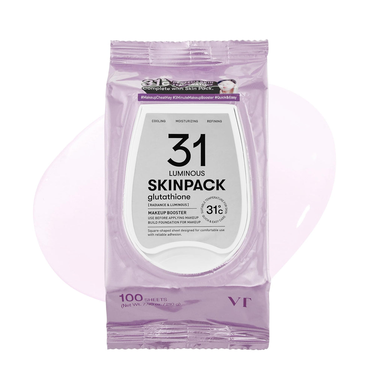 VT COSMETICS Luminous Skin Pack (100 sheets), Quick & Easy Makeup Booster, Instant Cooling & Hydrating, Glowing with Glutathione, Gently Exfoliating, Korean Skincare