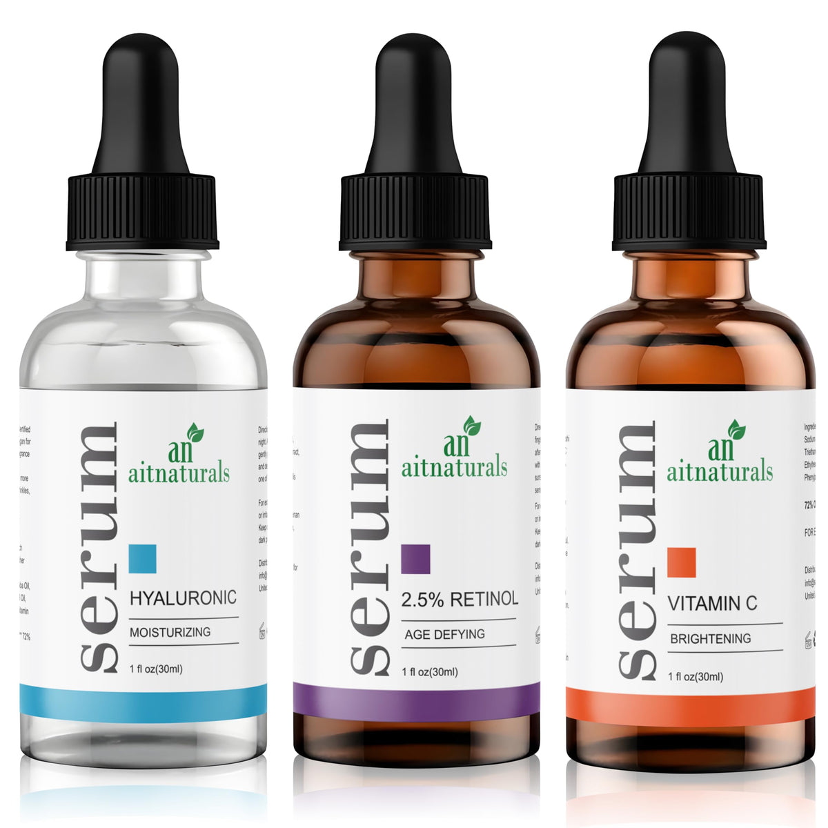 Aitnaturals Anti-Aging Serum Set (Each 30ml) | Powerful Trio of Vitamin C, Retinol, & Hyaluronic Acid | Reduces Wrinkles, Firms, Hydrates, Boosts Brightness, Improves Elasticity & Moisturizes Skin