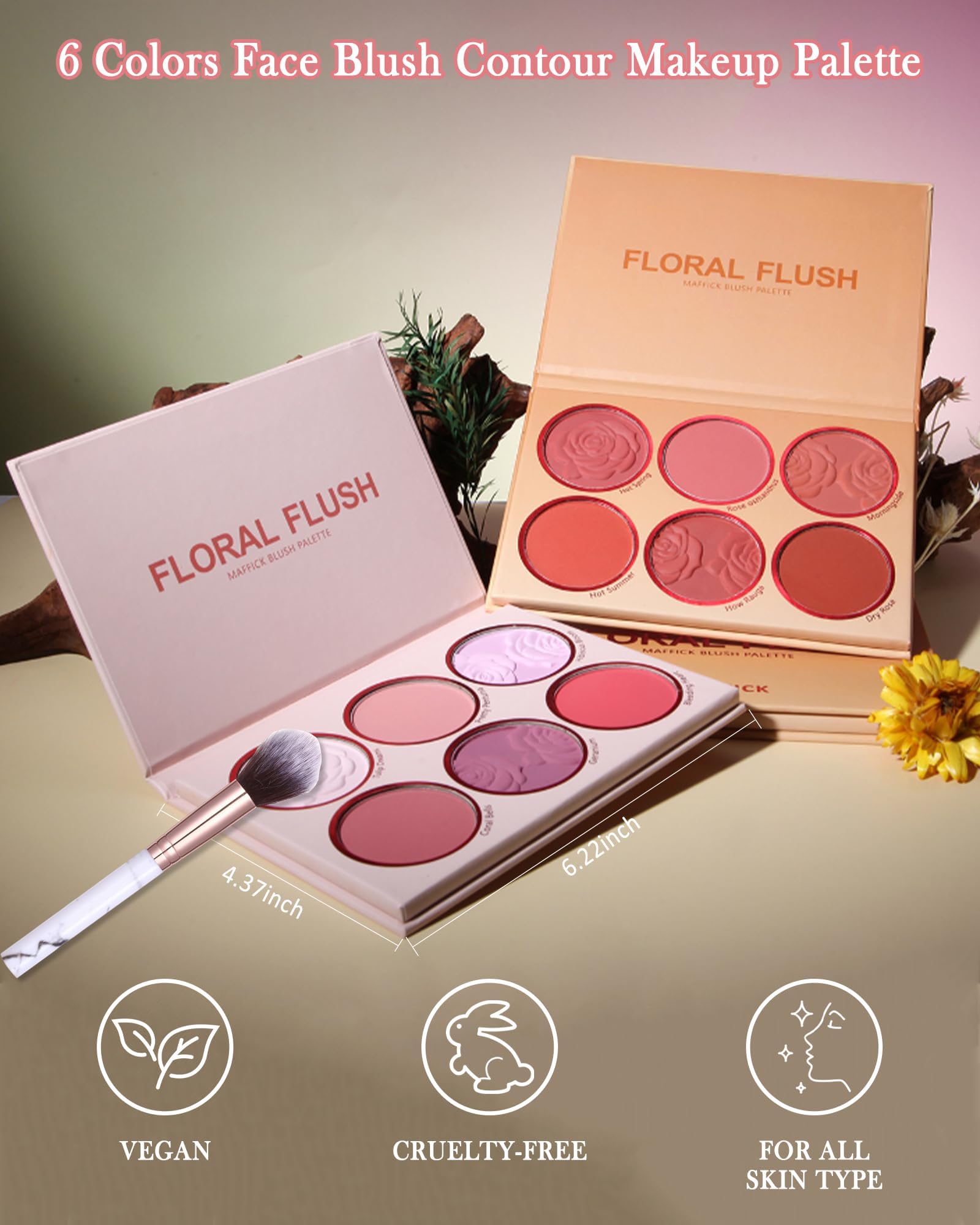 KASTWAVE Floral Flush 6-Color Blush Palette Long Lasting High Pigment Matte Pressed Powder Blush for Cheeks, Pink Purple Silky Mineral Blendable Blusher Contour Powder with Blush Brush