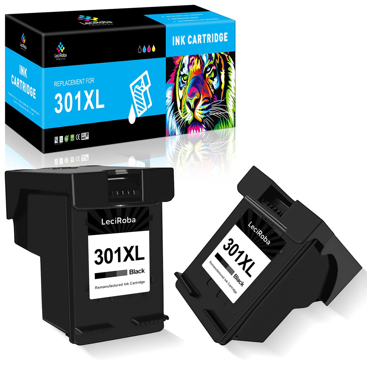 LeciRoba 301XL for HP 301 black ink cartridge and Hp 301 ink cartridges for HP Deskjet 2540 2542 3050 3050A ; HP ENVY 4500 4502 4507 5530 5532 ; Officejet 2620 2622 4630 4636 (Remanufactured,2-Black)